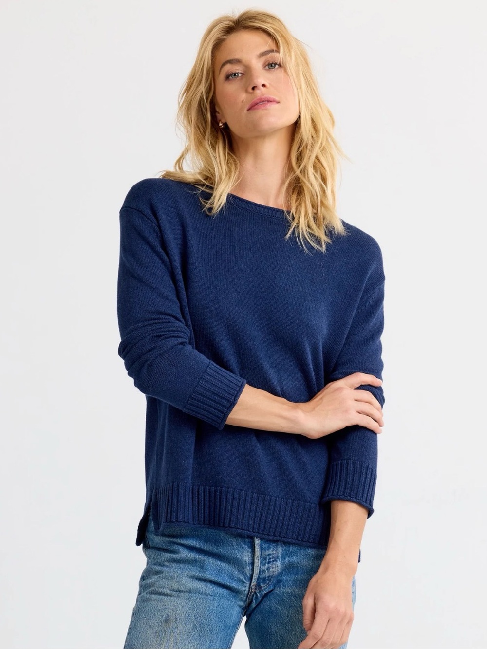 PURA CASHMERE Every Day Cotton Crew Sweater Tight Knit Navy Blue Women's Medium